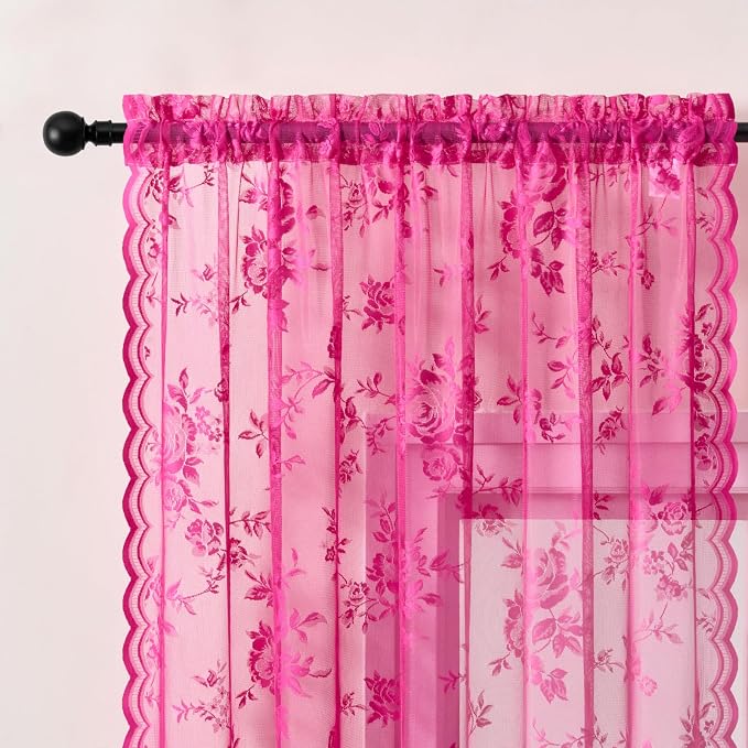 Raspberry Lace Curtains 96 Inches Long 2 Panels Vintage Floral Curtains - Image 3