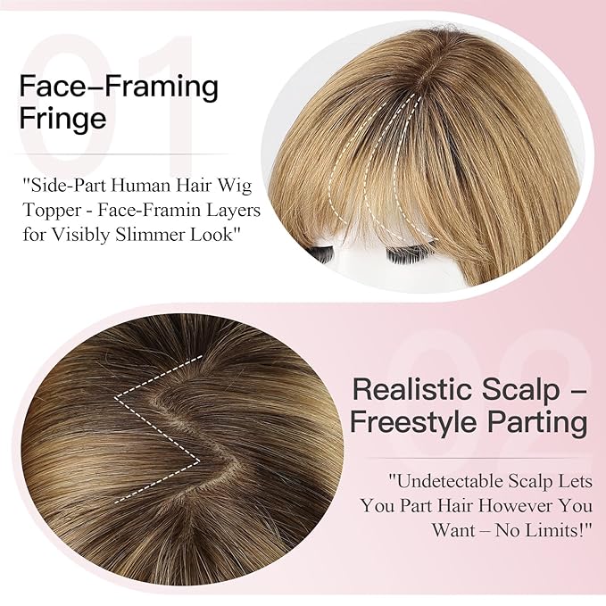 EMMOR Human Hair Toppers for Women Short Bob Real Hair with Bangs 10" Side Part Hairpieces for Women with Thin Hair 6.5" × 6.5" Larger Base Human Wig Toppers(Ombre Light Brown)