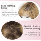 EMMOR Human Hair Toppers for Women Short Bob Real Hair with Bangs 10" Side Part Hairpieces for Women with Thin Hair 6.5" × 6.5" Larger Base Human Wig Toppers(Ombre Light Brown)