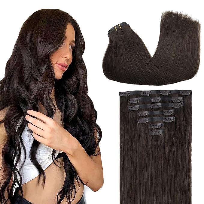 GOO GOO Clip in Hair Extensions Real Human Hair, Remy Human Hair Extensions Clip ins for Women, Natural Human Hair, 20inch 110g 7Pcs, 2A Light Brown