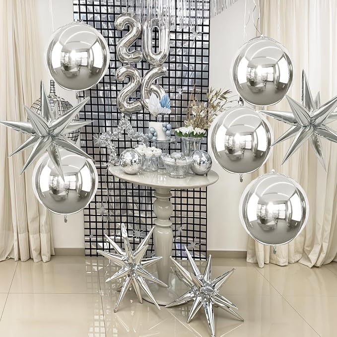 9 Pcs Silver Round Foil Balloons and Star Balloons 22/18 4D Ball Balloon - Image 5