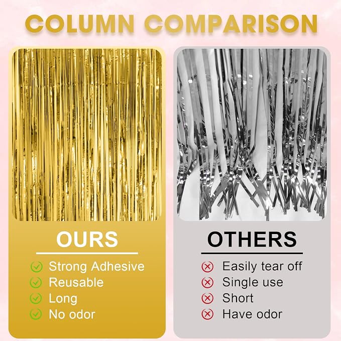 Voircoloria 3 Pack 3.3x8.2 Feet Gold Foil Fringe Backdrop Curtains, Tinsel - Image 5