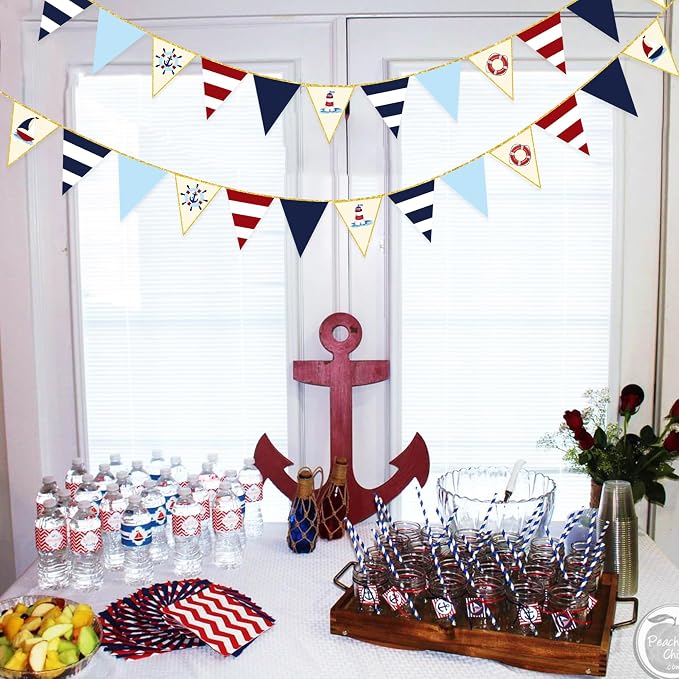 Navy Red Beige Gold Glitter Stamping Paper Pennant Banner Flag Triangle Bunting - Image 6