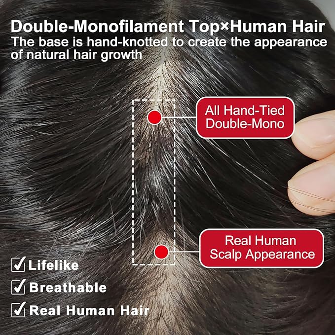 Real Human Hair Topper Double-Monofilament Top Hand-Tied Hair Pieces Mid Length for WomenThinning BHADS710 (BL Natural Black × Hair Length:9.8"(25cm), Base Size:2.8"×3.9"(7cm×10cm))
