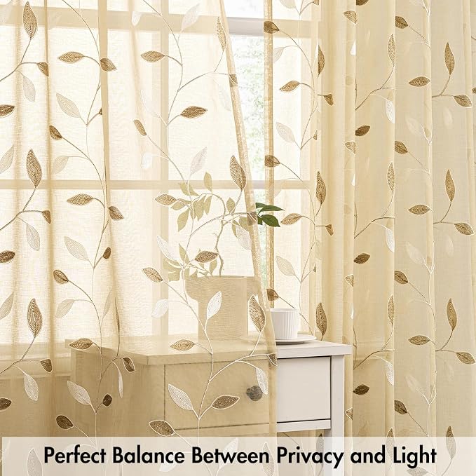 MIULEE Beige Sheer Curtains 2 Panels Leaf Patterned, W30 x L30 | Embroidered - Image 5