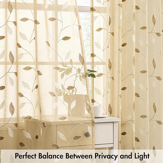 MIULEE Beige Sheer Curtains 2 Panels Embroidered Leaf Patterned, W30 x L24 | - Image 5