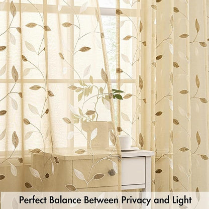 MIULEE Beige Sheer Curtains 2 Panels Embroidered Leaf Patterned, W52 x L45 | - Image 5