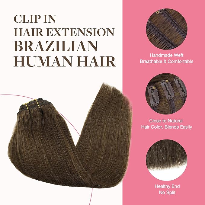 GOO GOO Clip in Hair Extensions Real Human Hair, Remy Human Hair Extensions Clip ins for Women, Natural Human Hair, 24inch 150g 9Pcs, #4A Chocolate Brown