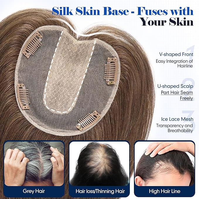 HAIRCUBE Hair Toppers For Women With Thinning 5"*5" Large Base Real Hair Toppers For Women, 14 Inch For Hand-Woven, 60g, Silk, Natural, realistic, Use Daily, Hairloss, Brown, No Bangs