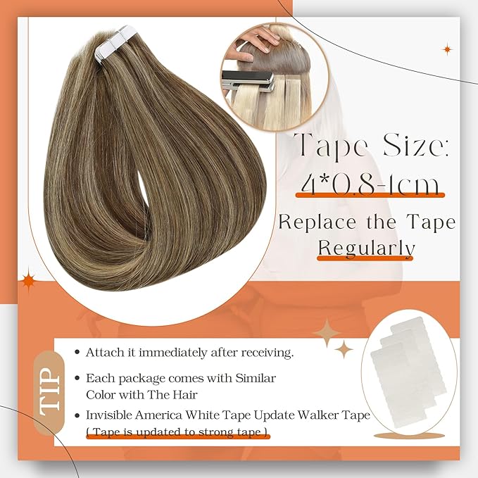 Full Shine Brown And Blonde Tape in Hair Extensions Human Hair Color 4 Brown Highlight 27 Blonde Tape in Extensions 24Inch Long Straight Extension 50G 20Pcs Soft Skin Weft