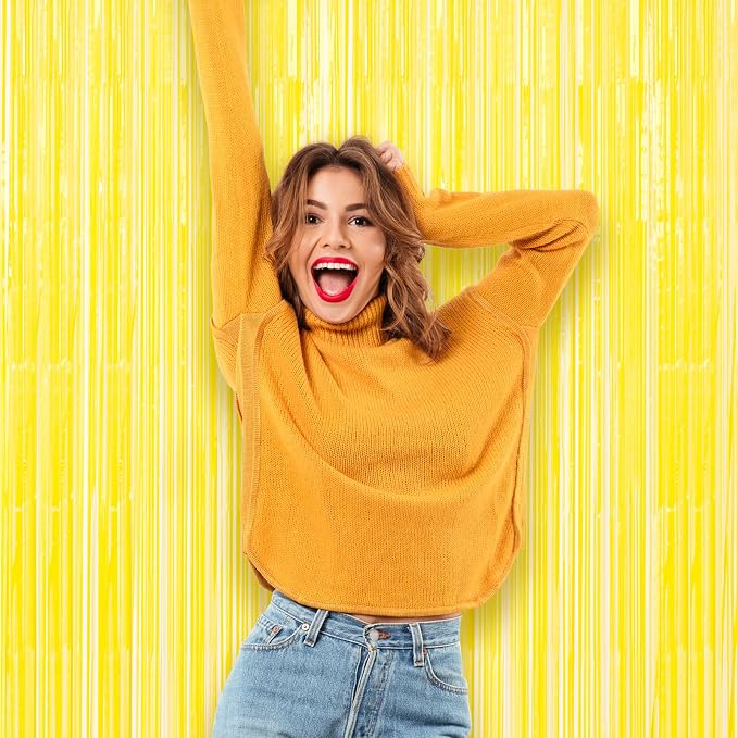 Voircoloria Pastel Yellow Foil Fringe Backdrop Curtains, 3 Pack | Tinsel - Image 6