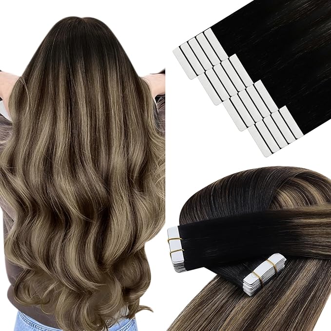 YoungSee Tape in Hair Extensions Real Human Hair Balayage Tape in Hair Extensions Black Ombre Brown with Blonde Tape in Extension Remy Hair Short 12In 20pcs 30g for Adding Volume