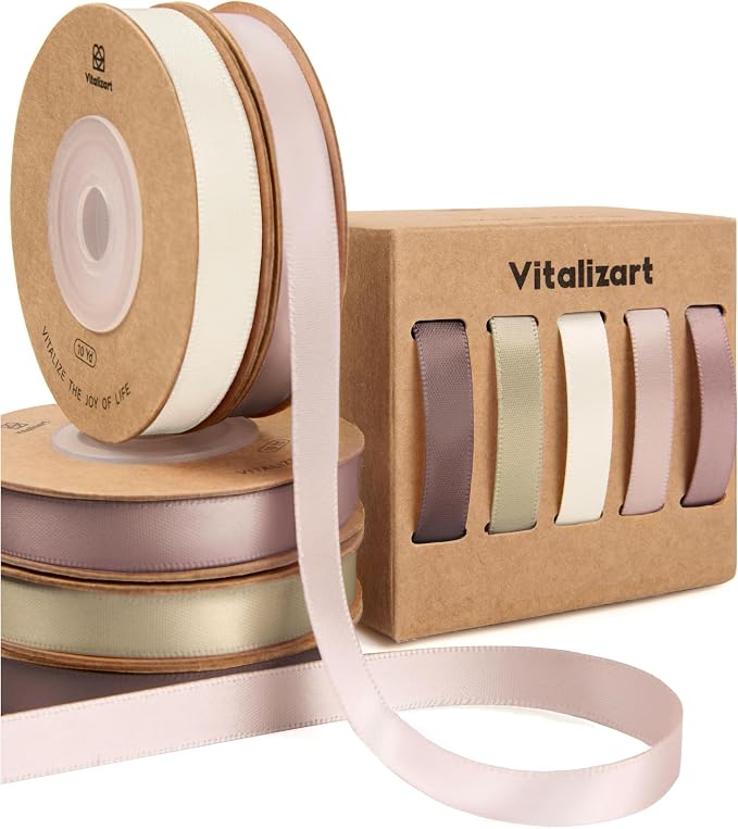 Vitalizart Nude & Pink Ribbons for Crafts 3/8" x 50Yds Double-Faced Satin | by Vitalizart