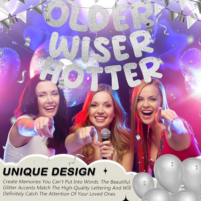 Fulmoon Set of 3 Pre Strung Older Wiser Hotter Glitter Banner Funny Birthday - Image 4