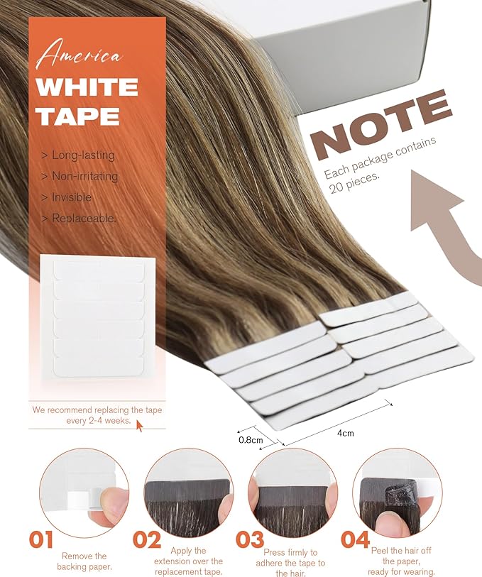 Sunny Hair Tape in Hair Extensions Real Human Hair Invisible Remy Hair Extensions Tape ins for Women Dark Brown Highlight Caramel Blonde 12 inch 20Pcs