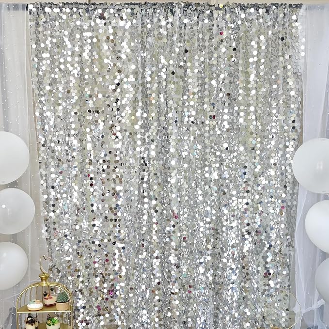 9FTx10FT Silver Sequin Backdrop 1 Panel, 18MM Large Payette Sequins Backdrop - Image 2