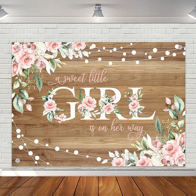 7x5 ft Rustic Wood Baby Shower Backdrop A Sweet Little Girl is on Her Way Baby by AVEZANO