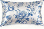 Silk Pillow Case for Hair and Skin Vintage Blue and White Floral Standard Size Silk Pillow Case with Zipper Super Soft Pillow Covers for Women Bed Sleeping, 20x26 Inches