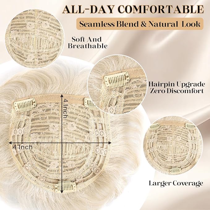 Short Hair Topper for Thinning Hair 4 Inch Short Pixie Cut Toppers Pieces Natural Curly Synthetic Black Wiglets Hairpieces (Light Ash Blonde, 4 inch)