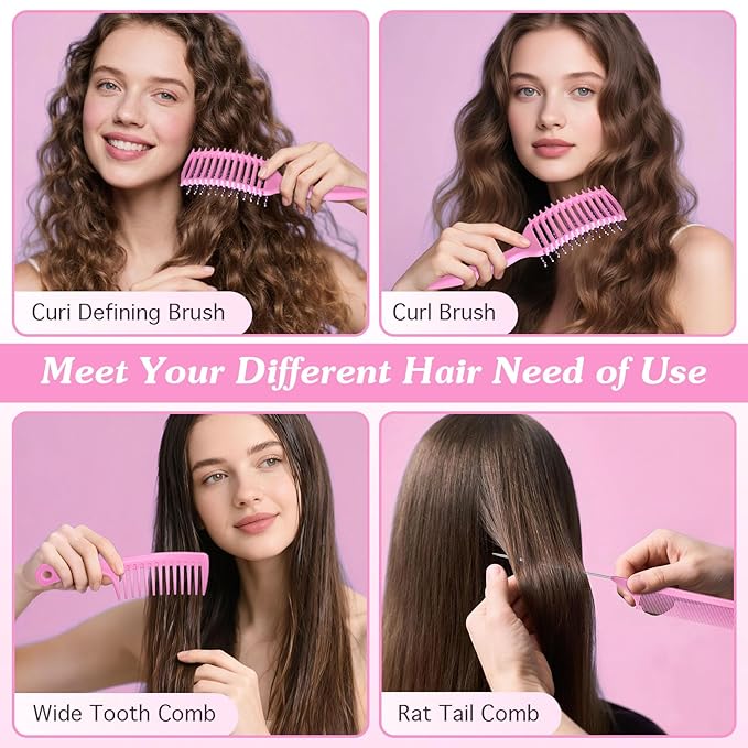 Curly Hair Brush & Curl Defining Brush – Easily Detangles Knots with Less Pulling – Styles Wet or Dry Hair, Tames Frizz for All Curl Types (Pink 3Pcs)