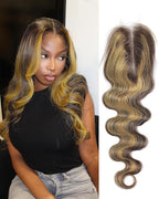 Body Wave 2x6 HD Lace Closure Highlight Yellow Golden Blonde On Chocolate Brown Color Human Hair Transparent Lace Closure 2x6 Long Middle Part 100% Raw Virgin Human Hair 12 Inch 150% Density