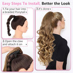 ALXNAN Ponytail Extension,24 Inch Claw Clip in Long Curly Wavy Dark Ash Blonde with Golden Ends Ponytail Hair Extension Jaw Clip on Pony Tails Hairpiece for Women