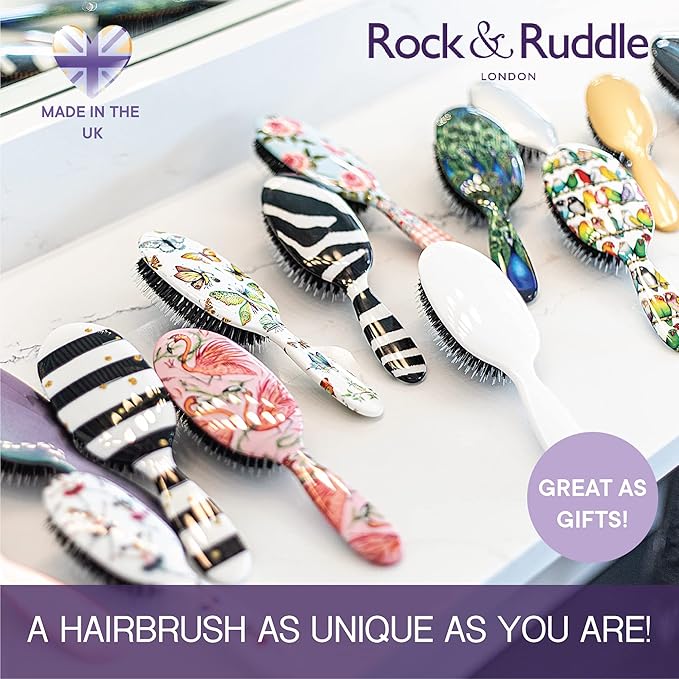 Rock & Ruddle Natural Mixed Boar Bristle Hair Brush for Women and Kids (Small/Travel Size, 17.5cm) - Perfect for Wet or Dry Hair, Detangling Smoothing Blowdrying - Made in UK - Gold Design