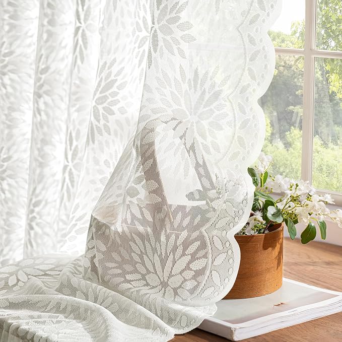 MIULEE Vintage Floral Scalloped Lace Curtains 2 Panels, Semi Sheer Curtains - Image 4