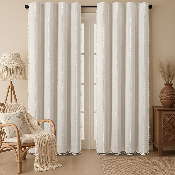 80% Boho Blackout Curtains 90 Inch Linen Blend Drapes 2 Panels | Vintage by Unknown
