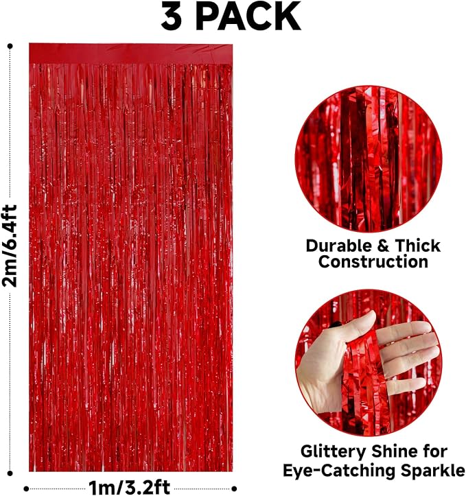jijAcraft Red Tinsel Foil Fringe Curtain, 3 Pack 3.2x6.5 Feet Metallic Red - Image 2