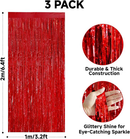 jijAcraft Red Tinsel Foil Fringe Curtain, 3 Pack 3.2x6.5 Feet Metallic Red - Image 2