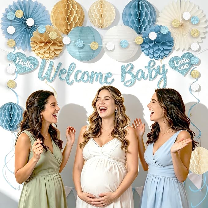 Dusty Blue Baby Shower Decorations Boy, Pre-Strung, Honeycomb Balls, Paper - Image 6