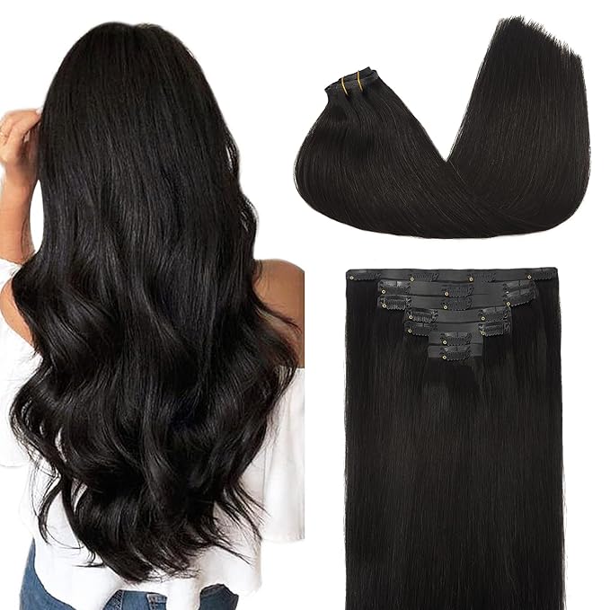 GOO GOO Clip in Hair Extensions Real Human Hair, Remy Human Hair Extensions Clip ins for Women, Natural Human Hair, 20inch 150g 7Pcs, 1B Natural black