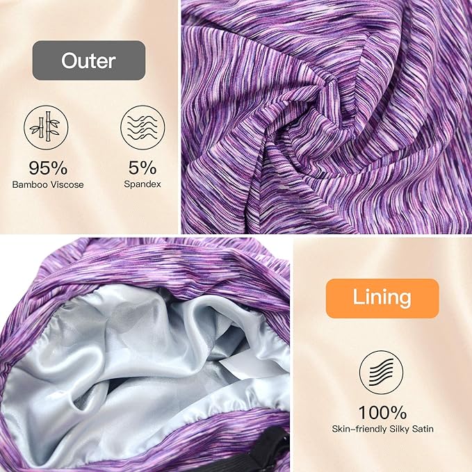 Silk Satin Lined Bonnet Sleep Cap - Adjustable Stay on All Night Hair Wrap Cover Slouchy Beanie for Curly Hair Protection for Women and Men - Heather Purple