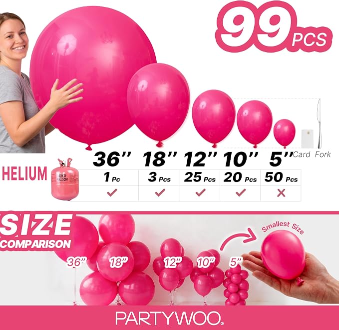 PartyWoo Hot Pink Balloons 99 pcs Different Sizes of 36 18 12 10 5 Inch Magenta - Image 6