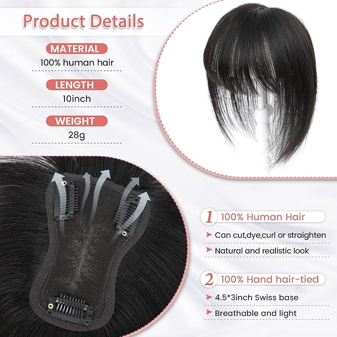 YAMI Hair Toppers for Women Real Human Hair Toppers for Women with Thinning Hair Topper with Bangs and All Hand-woven Swiss Base (Natural Black)