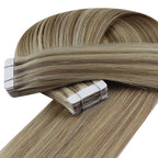 YoungSee Tape in Human Hair Extensions Brown Highlight Tape Extensions Human Hair Light Brown with Blonde Highlight Hair Extension Tapes in Add Length 18 Inch 20pcs 50g