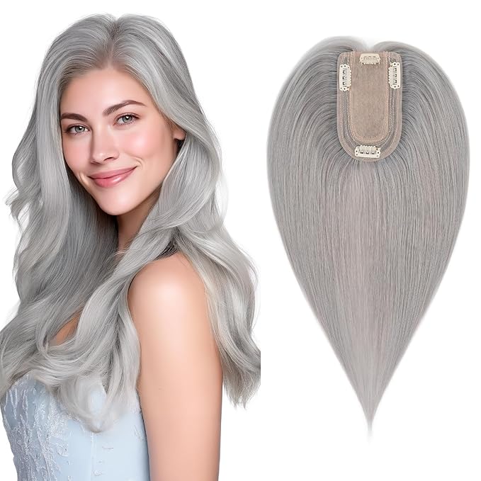 SEGO Hair Topper for Women, No Bangs Real Human Hair Topper with Anti-Slip Clips (12 Inches #Grey)