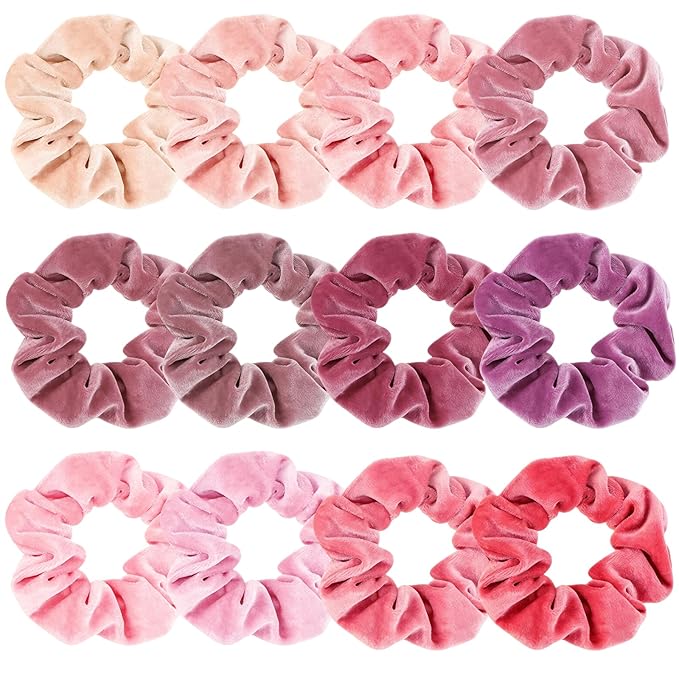 Velvet Scrunchies, 12 Piece Blush Pink Hair Bands, Soft Elastic Hair Ties for Women, Girls, Ponytail Holders, 4.3 Inch Diameter