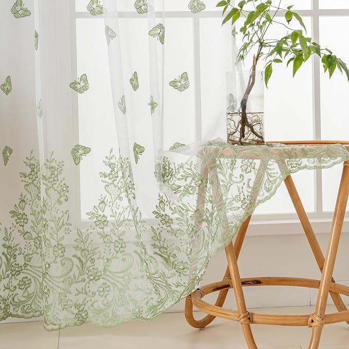 White Sheer Voile Curtains Green Embossed Butterflies 96 Inches | Light by VISIONTEX