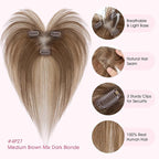Hairro Human Hair Toppers with Wispy Bangs, 3D 360° Seamless Real Hair Toppers, Hand-Tied with 3.5"x4.7" T-shaped Base, Clip-In Hairpieces to Add Volume on Top, 11 Inch Medium Brown Mix Dark Blonde
