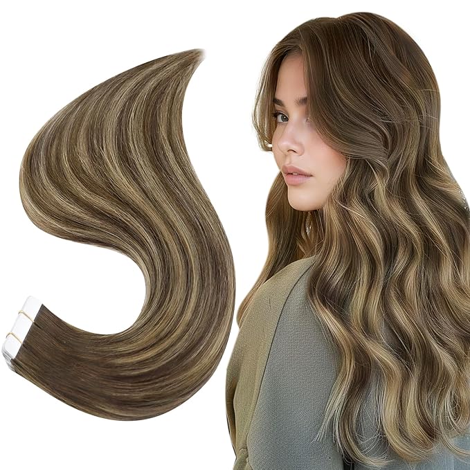 Full Shine Tape in Human Hair Extensions Color 4/24/4 Brown Fading to Blonde and Brown Balayage 20Inch Seamless Invisible Brazilian Tape in Hair Extension for Wedding 20Pcs 50Gram Soft