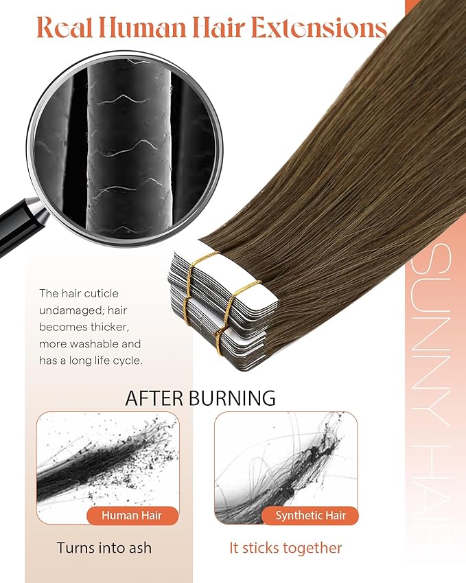 Sunny Hair Human Hair Tape in Extensions, Cool Brown Tape in Hair Extensions Human Hair 20 inch Straight Remy Tape in Human Hair Extensions 20Pcs 50g