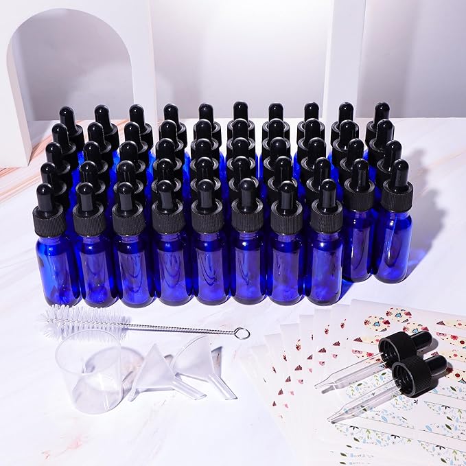 48 Pack 1/2 oz (15ml) Cobalt Blue Glass Bottles with Glass Eye Droppers for Essential Oils, Perfumes & Lab Chemicals (Brush, Funnels, 2 Extra Droppers, Labels & Measuring Cup Included)