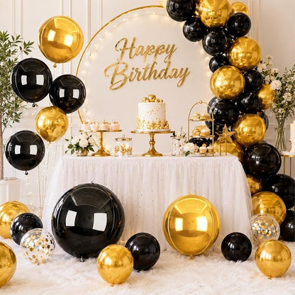 15 Pcs Black and Gold Round Foil Balloons, 22/15/10 Inch 4D Ball Balloons Black - Image 6
