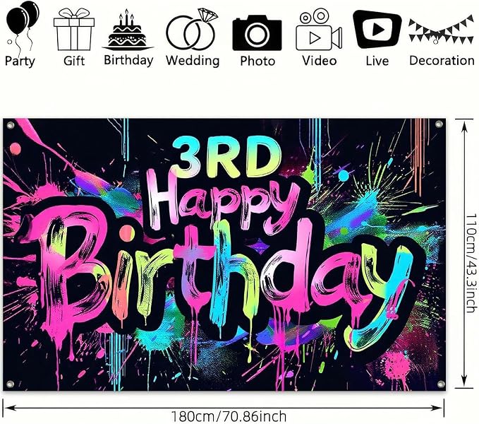 HOMETITUTE Neon 3rd Happy Birthday Banner 71x43 Inch Glow Party Decor | Glow in - Image 3