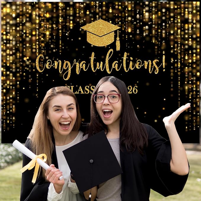 Mocsicka Class of 2026 Backdrop Black Gold Glitter Bokeh Graduation Party - Image 9