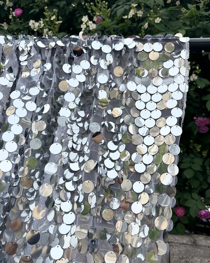 Silver Sequin Backdrop 18MM Large Sequins, 4x10 Feet, 2 Panel Glitter Sparkler - Image 3