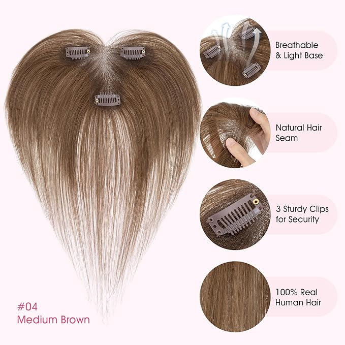 Hairro Human Hair Toppers with Side Bangs, 3D 360° Seamless Real Hair Toppers, Hand-Tied with 3.5"x4.7" T-shaped Base, Clip-In Hairpieces to Add Volume on Top, 11 Inch Medium Brown