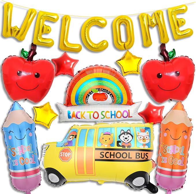 15 Pcs Back to School Balloons, School Bus Balloon, "WELCOME" Gold Letter by Decmied
